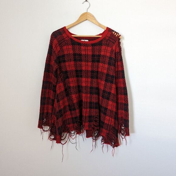 UNIF red black plaid knit Kurt distressed destroyed frayed round neck sweater - Picture 2 of 6